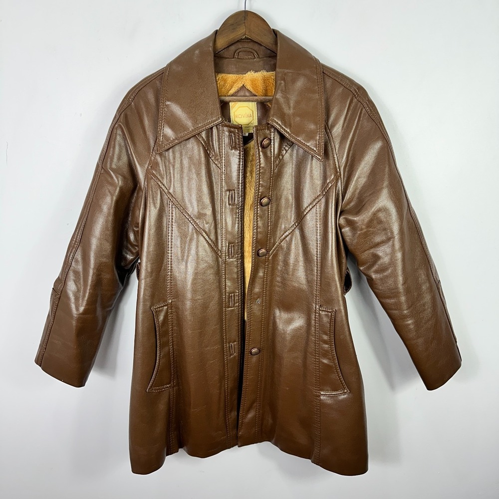 Vintage Novina Mr.‎ Murray Brown Faux Leather Coat 70s Mod Retro Shearling Lined